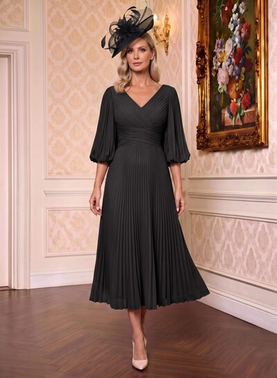 A-Line V-Neck 3/4 Sleeves Tea-Length Chiffon Mother Of The Bride Dresses With Pleated