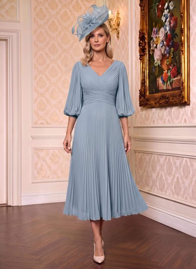 A-Line V-Neck 3/4 Sleeves Tea-Length Chiffon Mother Of The Bride Dresses With Pleated