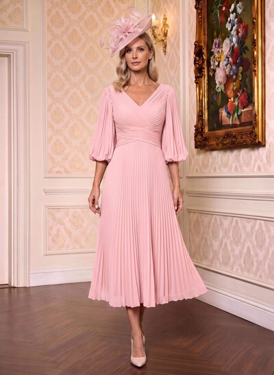 A-Line V-Neck 3/4 Sleeves Tea-Length Chiffon Mother Of The Bride Dresses With Pleated