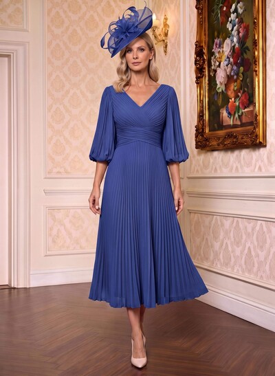 A-Line V-Neck 3/4 Sleeves Tea-Length Chiffon Mother Of The Bride Dresses With Pleated