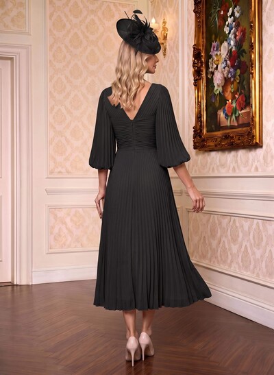 A-Line V-Neck 3/4 Sleeves Tea-Length Chiffon Mother Of The Bride Dresses With Pleated
