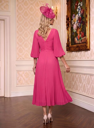 A-Line V-Neck 3/4 Sleeves Tea-Length Chiffon Mother Of The Bride Dresses With Pleated