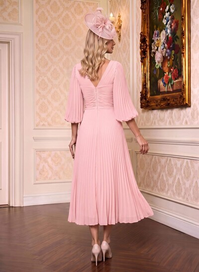 A-Line V-Neck 3/4 Sleeves Tea-Length Chiffon Mother Of The Bride Dresses With Pleated