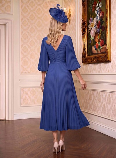 A-Line V-Neck 3/4 Sleeves Tea-Length Chiffon Mother Of The Bride Dresses With Pleated