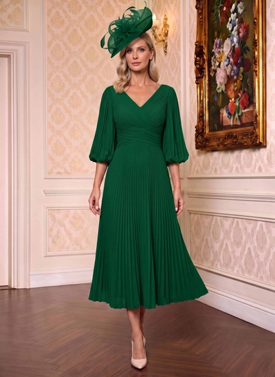 A-Line V-Neck 3/4 Sleeves Tea-Length Chiffon Mother Of The Bride Dresses With Pleated