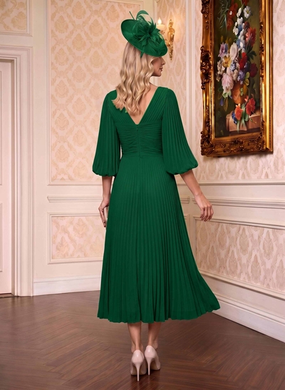 A-Line V-Neck 3/4 Sleeves Tea-Length Chiffon Mother Of The Bride Dresses With Pleated