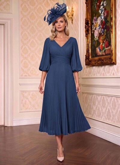A-Line V-Neck 3/4 Sleeves Tea-Length Chiffon Mother Of The Bride Dresses With Pleated