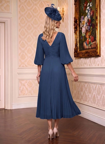 A-Line V-Neck 3/4 Sleeves Tea-Length Chiffon Mother Of The Bride Dresses With Pleated
