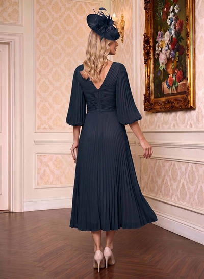 A-Line V-Neck 3/4 Sleeves Tea-Length Chiffon Mother Of The Bride Dresses With Pleated