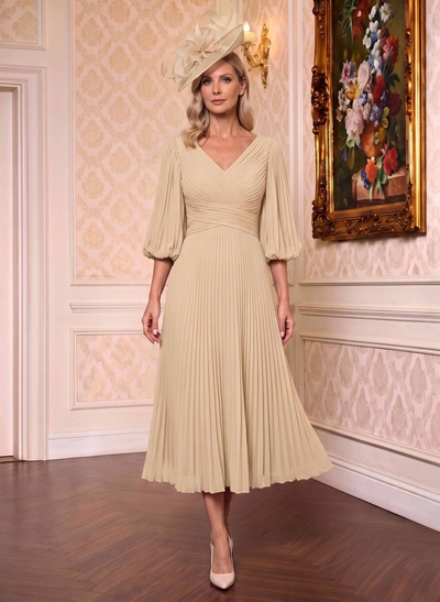 A-Line V-Neck 3/4 Sleeves Tea-Length Chiffon Mother Of The Bride Dresses With Pleated