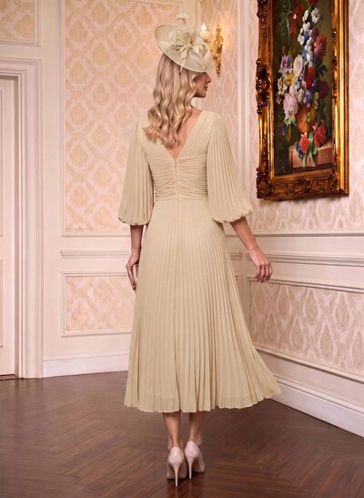 A-Line V-Neck 3/4 Sleeves Tea-Length Chiffon Mother Of The Bride Dresses With Pleated