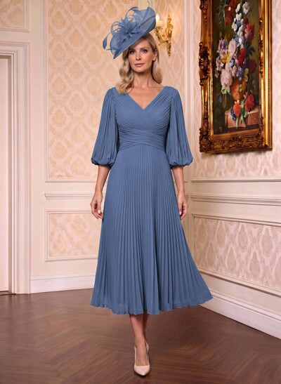 A-Line V-Neck 3/4 Sleeves Tea-Length Chiffon Mother Of The Bride Dresses With Pleated