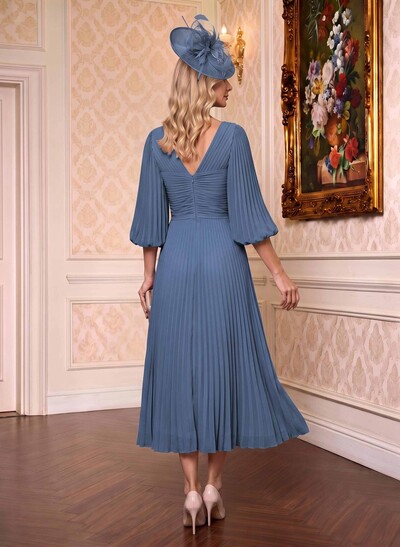 A-Line V-Neck 3/4 Sleeves Tea-Length Chiffon Mother Of The Bride Dresses With Pleated