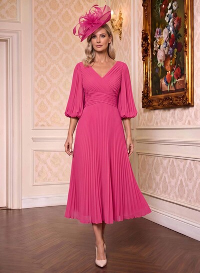 A-Line V-Neck 3/4 Sleeves Tea-Length Chiffon Mother Of The Bride Dresses With Pleated
