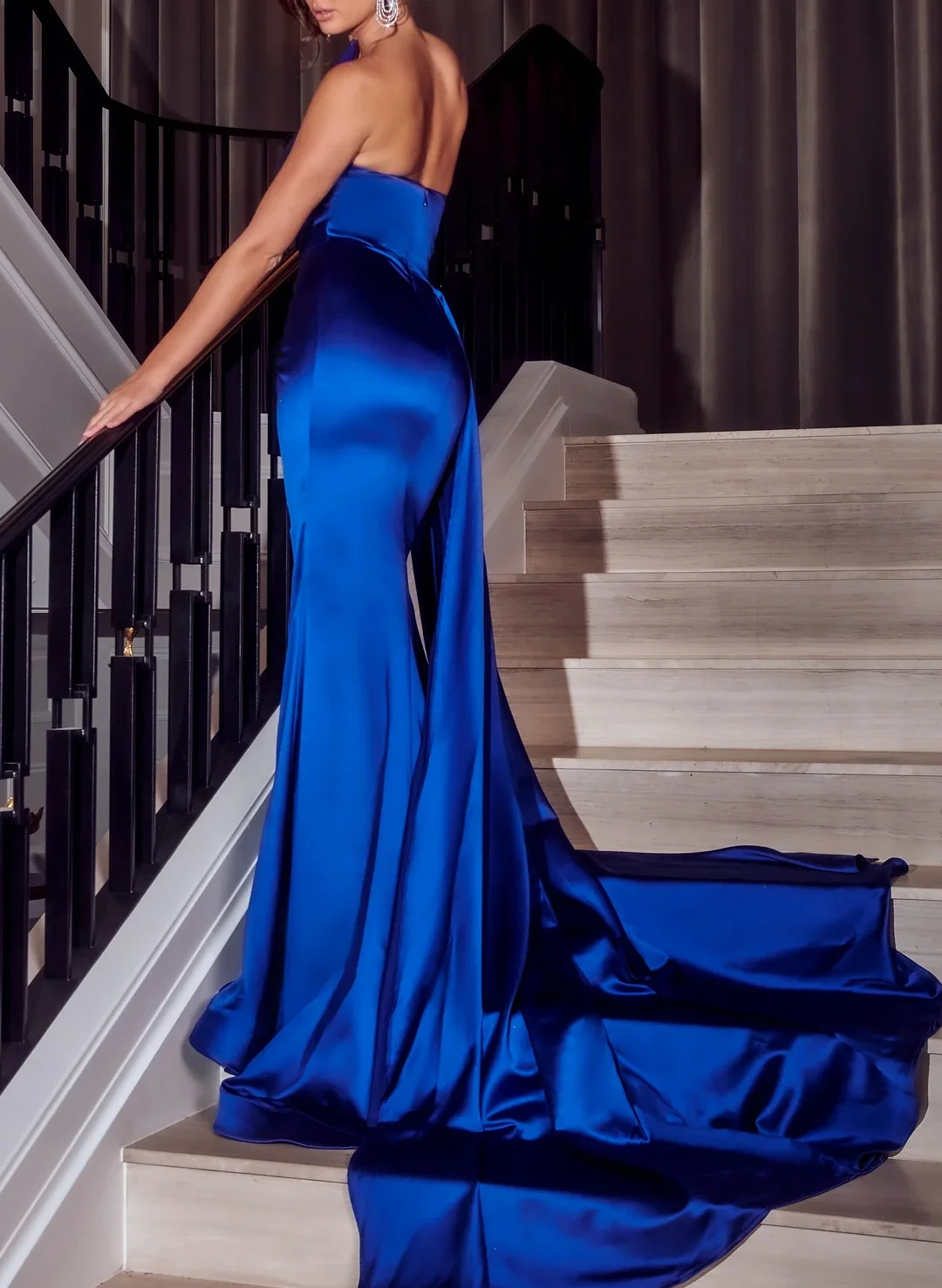 chinese dress ladies Royal Blue Lace Applique High Slit Pleated Mermaid Dress – FancyVestido main image 0