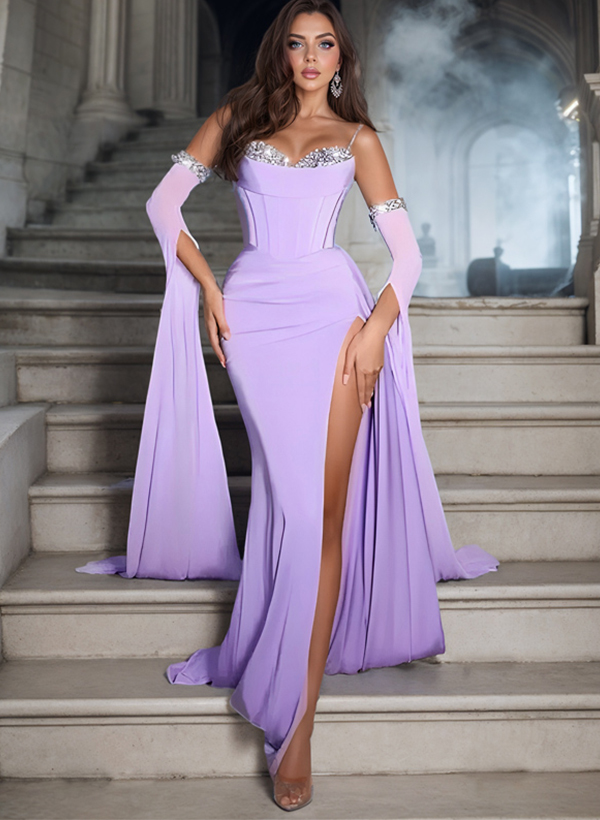 Vintage Purple Sparkly Long Sleeves Slit Prom Dresses With Corset