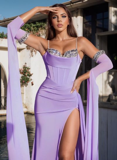 Vintage Purple Sparkly Long Sleeves Slit Crepe Satin Prom Dresses With Corset