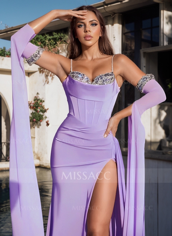 Vintage Purple Sparkly Long Sleeves Slit Crepe Satin Prom Dresses With Corset