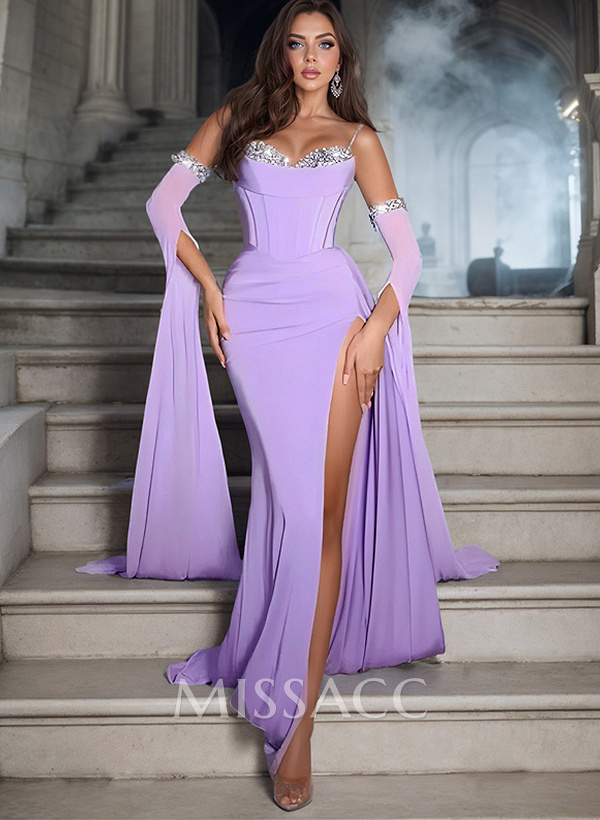 Vintage Purple Sparkly Long Sleeves Slit Crepe Satin Prom Dresses With Corset Vintage Purple Sparkly Long Sleeves Slit Crepe Satin Prom Dresses With Corset