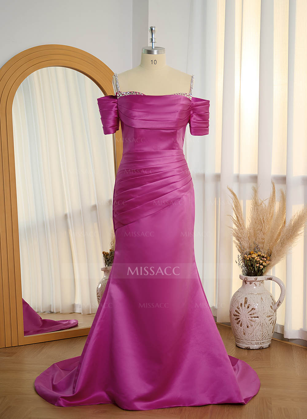 Hot Pink Sparkly Mermaid Prom Dresses With Satin