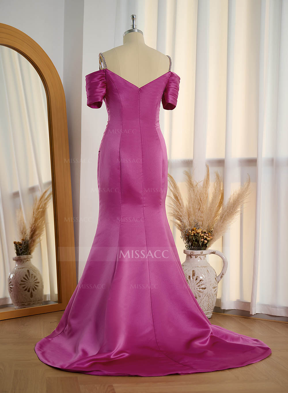 Hot Pink Sparkly Mermaid Prom Dresses With Satin