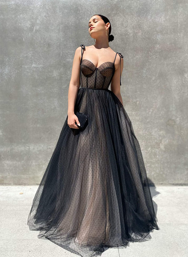 A-Line Sweetheart Sleeveless Sweep Train Tulle Prom Dresses