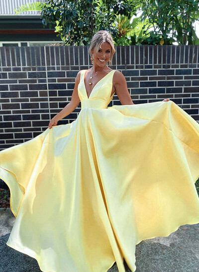 A-Line V-Neck Sleeveless Sweep Train Satin Prom Dresses