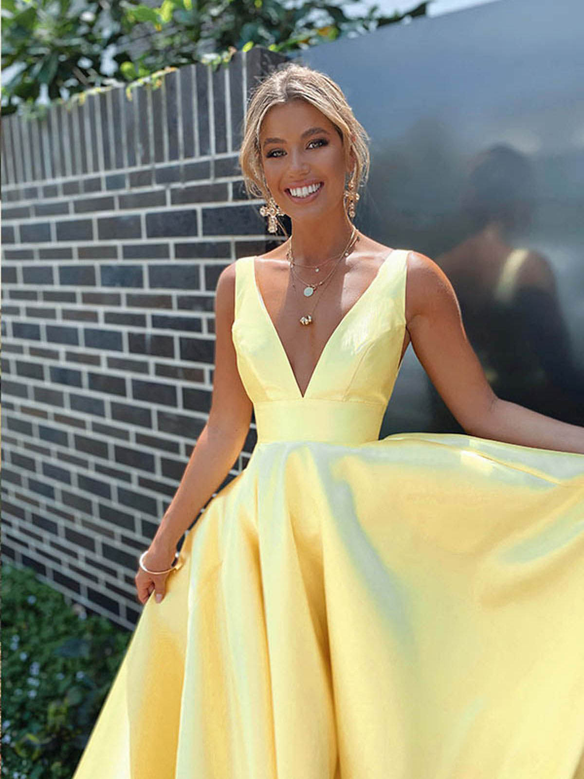 A-Line V-Neck Sleeveless Sweep Train Satin Prom Dresses