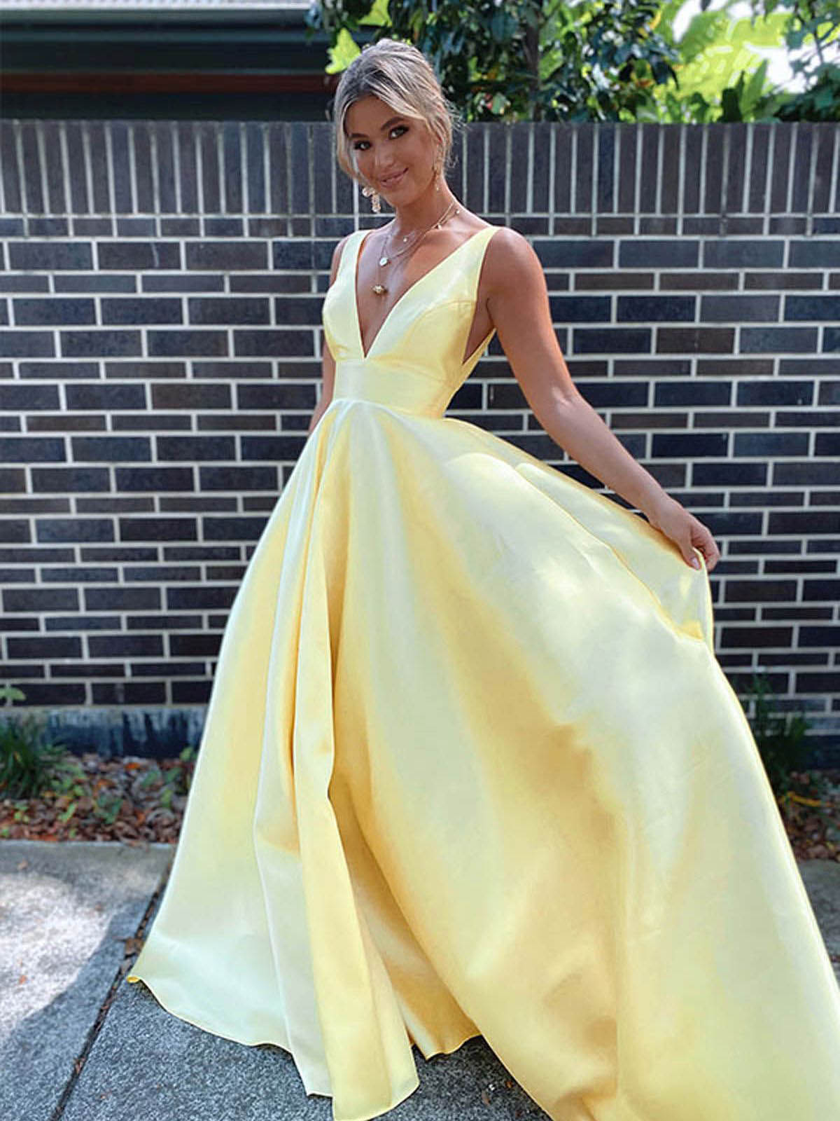 A-Line V-Neck Sleeveless Sweep Train Satin Prom Dresses