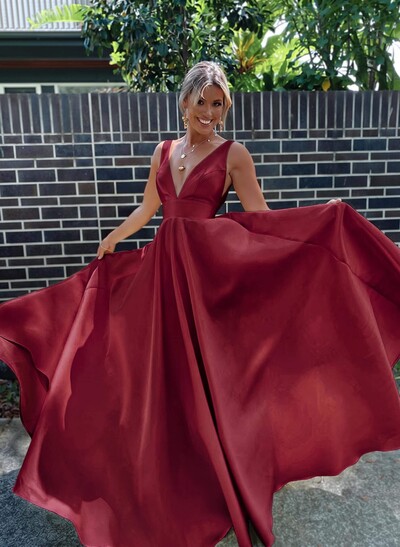 A-Line V-Neck Sleeveless Sweep Train Satin Prom Dresses