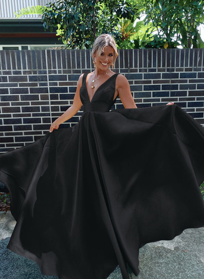 A-Line V-Neck Sleeveless Sweep Train Satin Prom Dresses