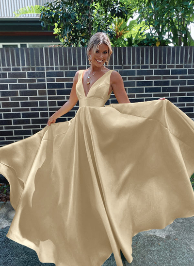 A-Line V-Neck Sleeveless Sweep Train Satin Prom Dresses