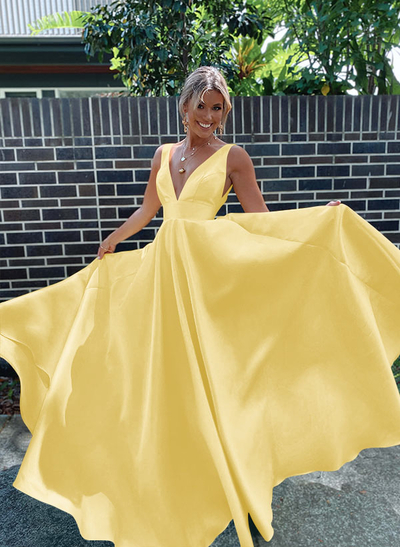 A-Line V-Neck Sleeveless Sweep Train Satin Prom Dresses