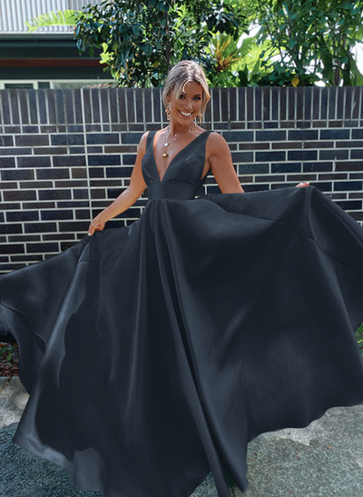A-Line V-Neck Sleeveless Sweep Train Satin Prom Dresses
