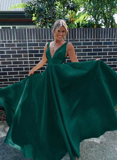A-Line V-Neck Sleeveless Sweep Train Satin Prom Dresses