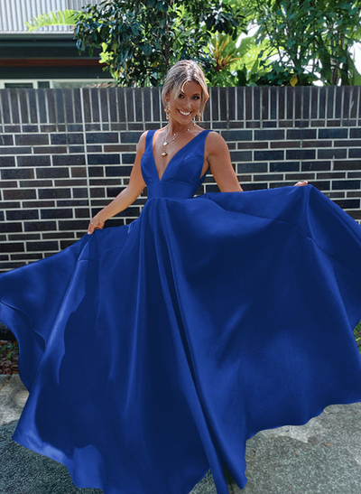 A-Line V-Neck Sleeveless Sweep Train Satin Prom Dresses