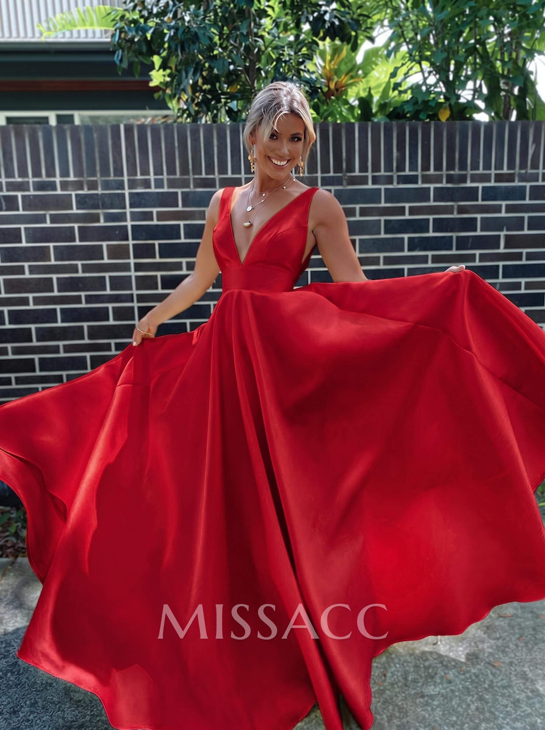 A-Line V-Neck Sleeveless Sweep Train Satin Prom Dresses