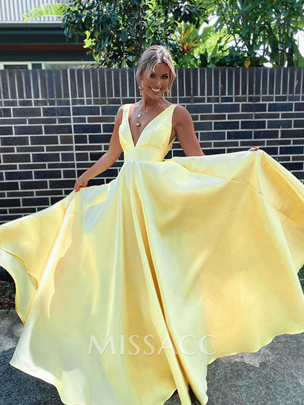 A-Line V-Neck Sleeveless Sweep Train Satin Prom Dresses