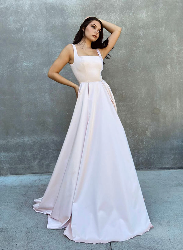 A-Line Square Neckline Sleeveless Sweep Train Elastic Satin Prom Dresses With Bow(s)