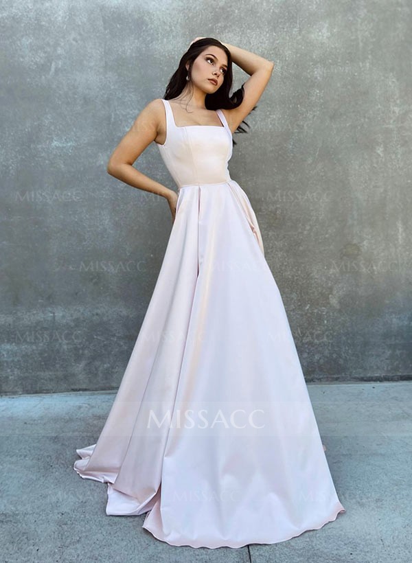 A-Line Square Neckline Sleeveless Sweep Train Satin Prom Dresses With Bow(s)