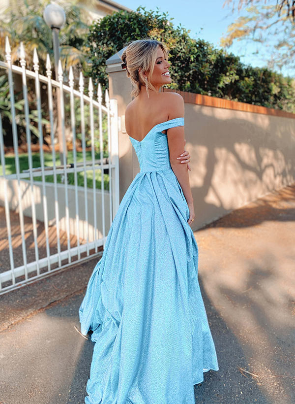 A-Line Off-the-Shoulder Sleeveless Sweep Train Sequined Prom Dresses