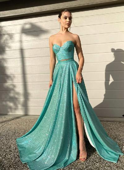 A-Line Sweetheart Sleeveless Sweep Train Sequined Prom Dresses With Split Front