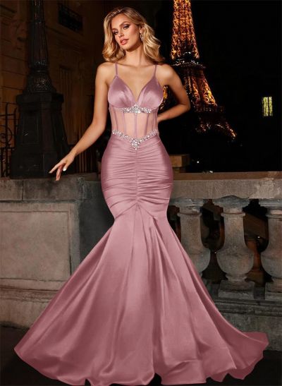 Red Sex Mermaid Beading Prom Dresses With Satin