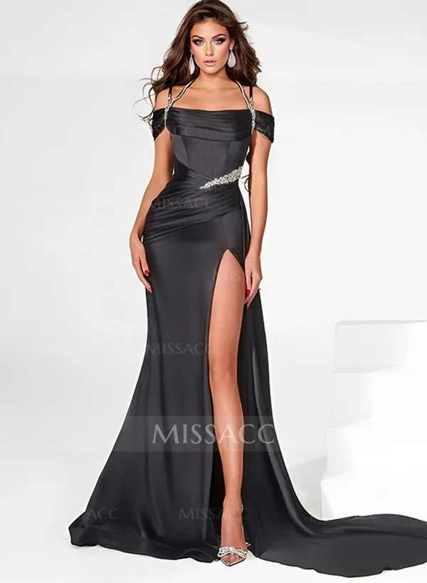 Missacc Chocolate Prom Dresses Black Slit Sparkly Long Prom Dresses