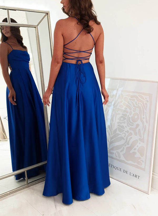 A-Line Sleeveless Sweep Train Satin Prom Dresses With Split Front
