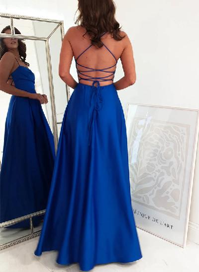 A-Line Sleeveless Sweep Train Satin Prom Dresses With Split Front