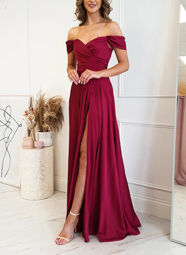 A-Line Off-the-Shoulder Sleeveless Sweep Train Elastic Satin Prom Dresses With Split Front