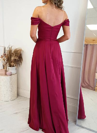 A-Line Off-the-Shoulder Sleeveless Sweep Train Elastic Satin Prom Dresses With Split Front