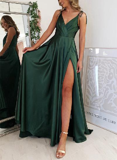 A-Line V-Neck Sleeveless Sweep Train Silk Like Satin Prom Dresses With Split Front