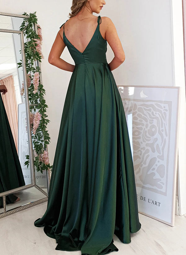 A-Line V-Neck Sleeveless Sweep Train Silk Like Satin Prom Dresses With Split Front